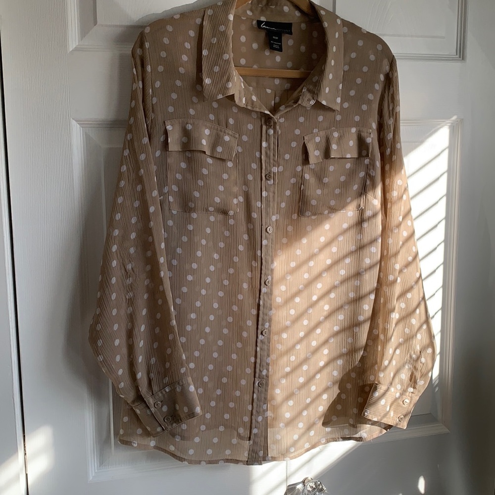 Light and Airy Tan with White Polka Dot Blouse